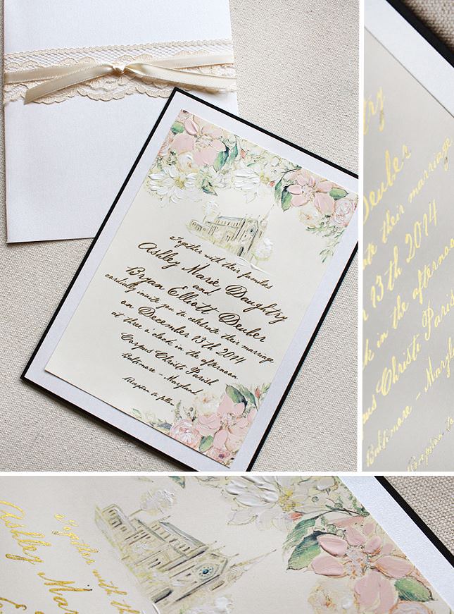 Floral and Venue Illustration Wedding Invitation