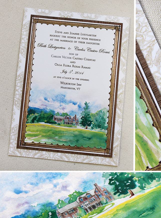 Watercolor Landscape and Frame Wedding Invitations