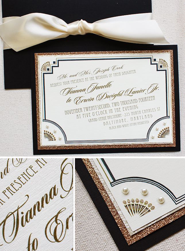 Ivory Black and Gold Art Deco Wedding Invitations