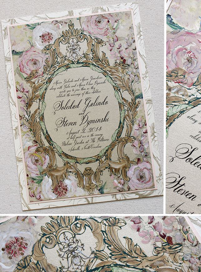 Gold Frame and Floral Wedding Invitations