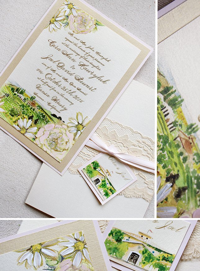 Watercolor Landscape and Floral Wedding Invitations