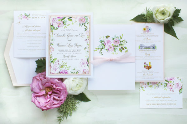 Blush Pink Painted Watercolor Bouquet Summer Floral Wedding Invitation