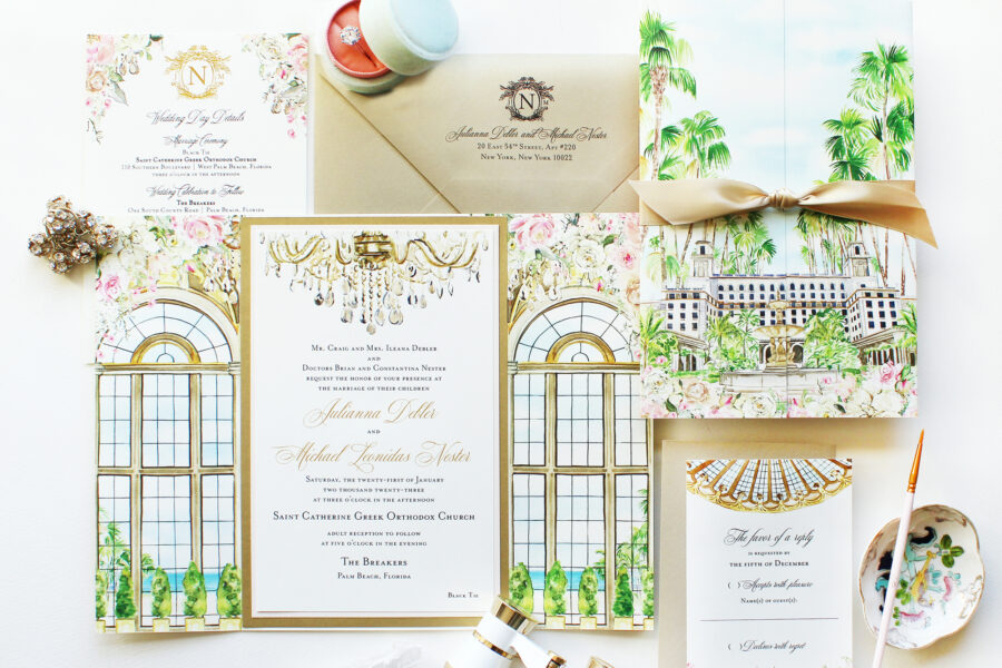 Custom Illustrated Breakers Palm Beach Wedding Invitations