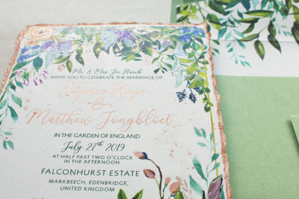 English Garden Watercolor and Rose Gold Foil Botanical Wedding Stationery