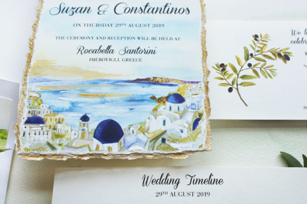 Illustrated Hand Painted Santorini Greece Wedding Invites