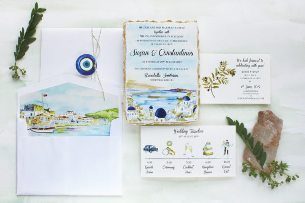 Illustrated Santorini Greece Destination Wedding Invitations