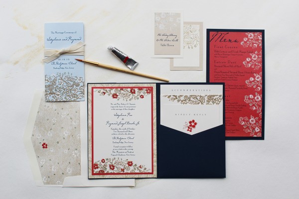 vintagepattern_lacy_navy_orange_romantic_wedding_invitation