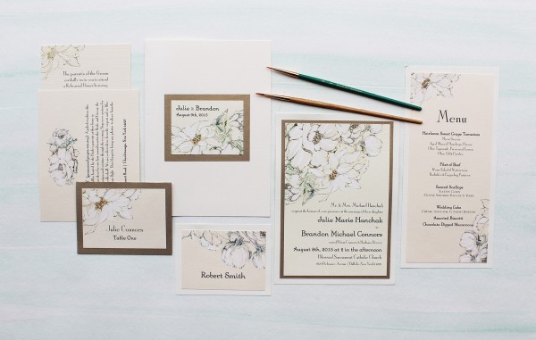 white dahlia hand painted wedding invitation