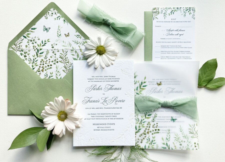 botanical leaves letterpress wedding invitations