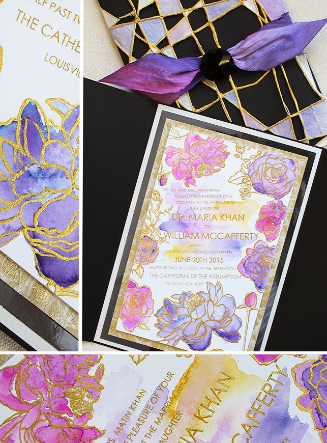 Modern Watercolor and Foil Wedding Invitations