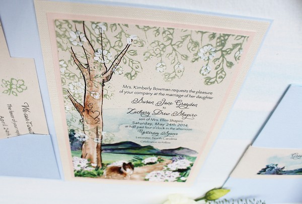 blue-white-flower-pathway-tree-wedding-invitation