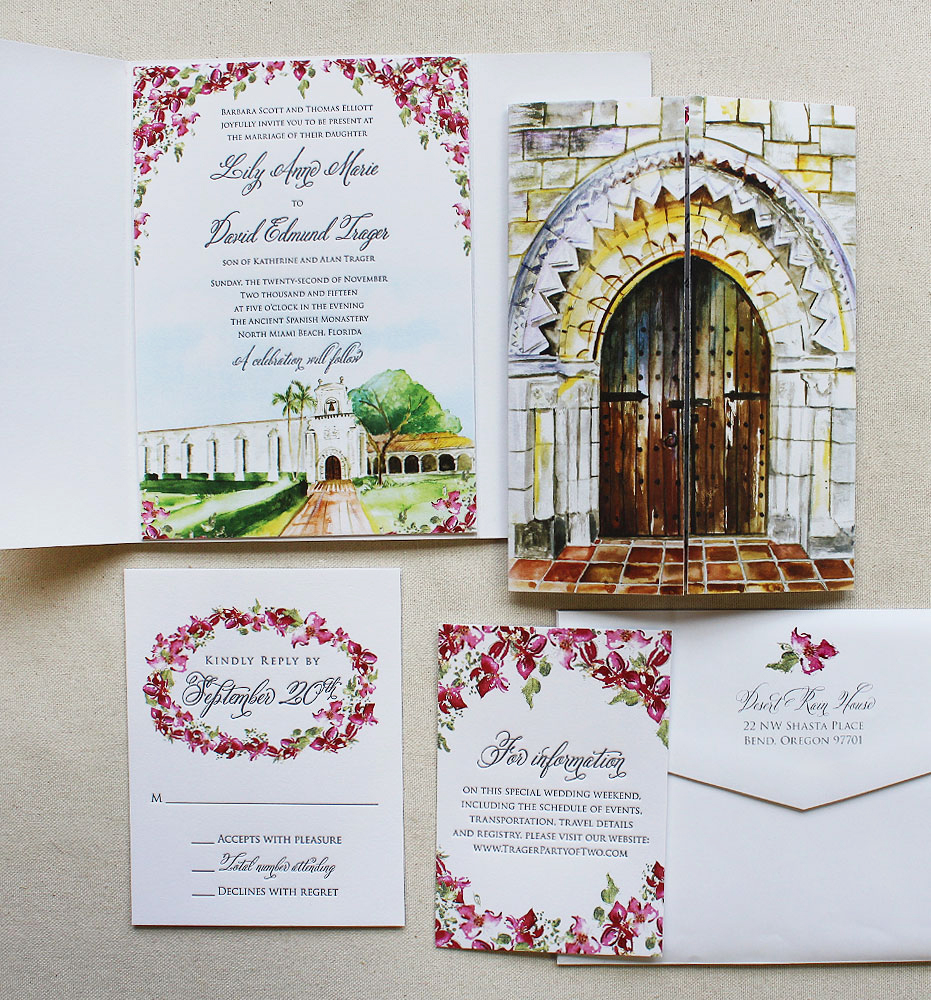 Watercolor Venue Illustration Letterpress Wedding Invitations