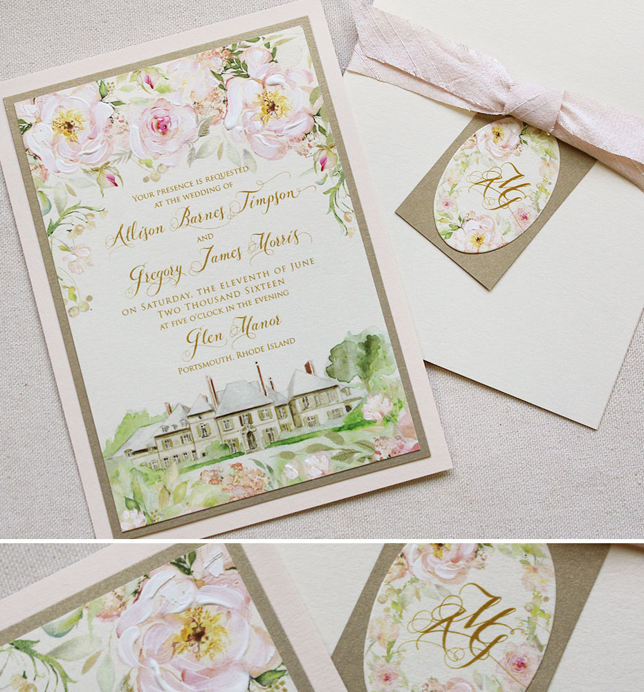 Watercolor Floral and Venue New England Invitations