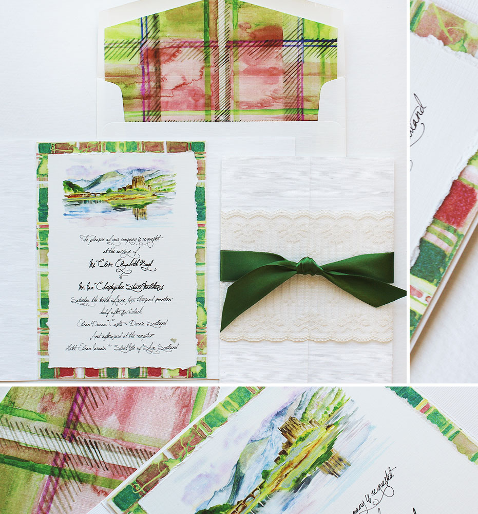 Castle and Plaid Watercolor Wedding Invitations