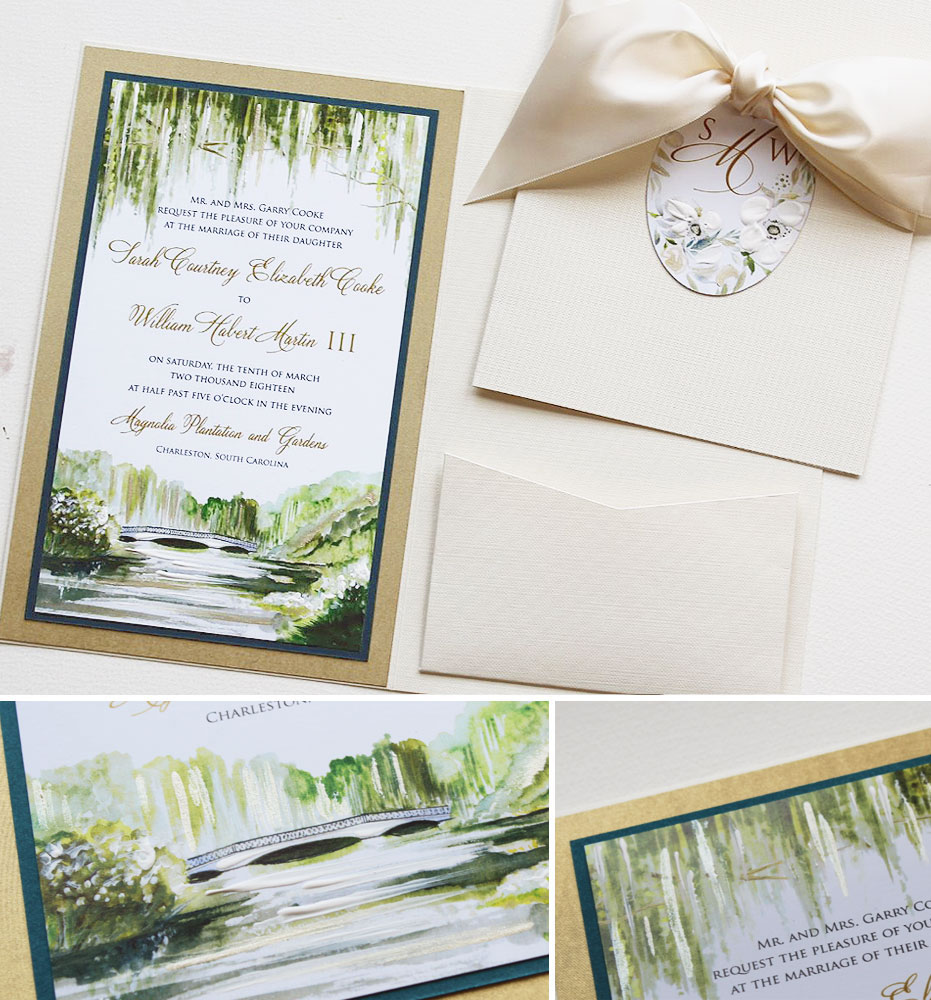 Watercolor Landscape and Oak Tree Wedding Invitations