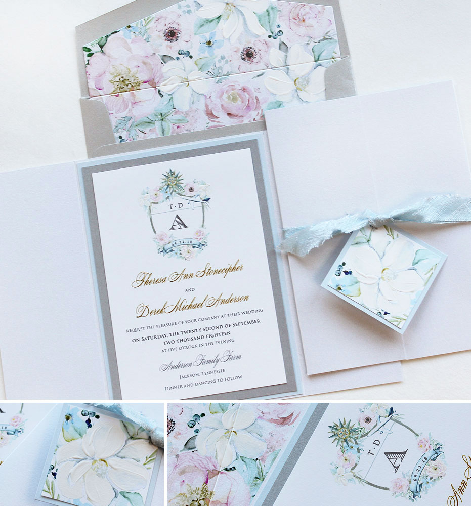 Custom Watercolor Magnolia and Floral Wedding Invitations