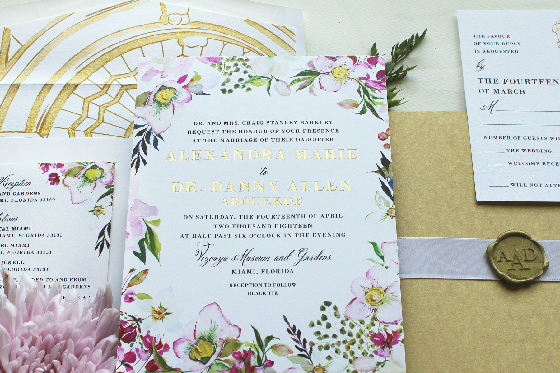 Elegant Venue and Botanical Wedding Invitations