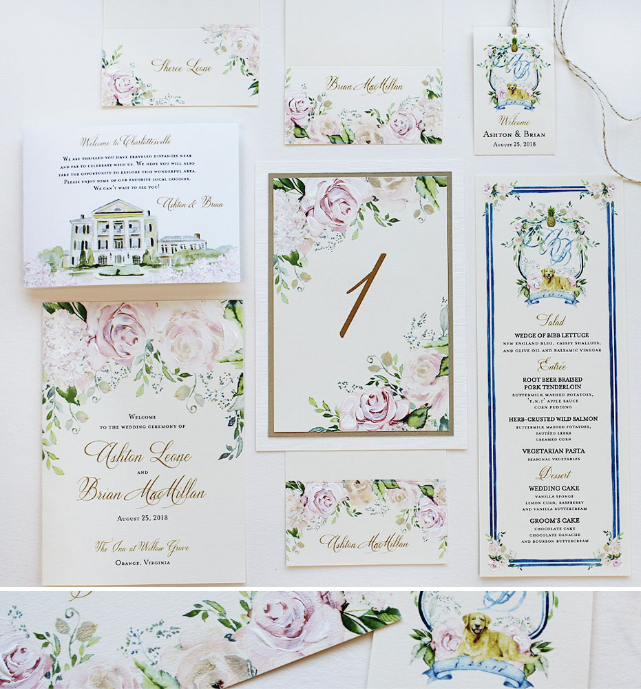 Watercolor Rose Wedding Day Accessories Floral Wedding Invitations with Illustrated Venue