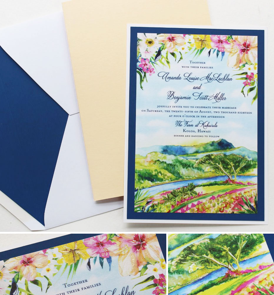 Watercolor Hibiscus Hawaii Wedding Invitations