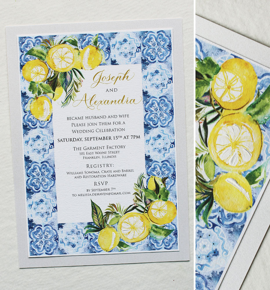 Watercolor Lemons and Tiles Italy Wedding Invitations