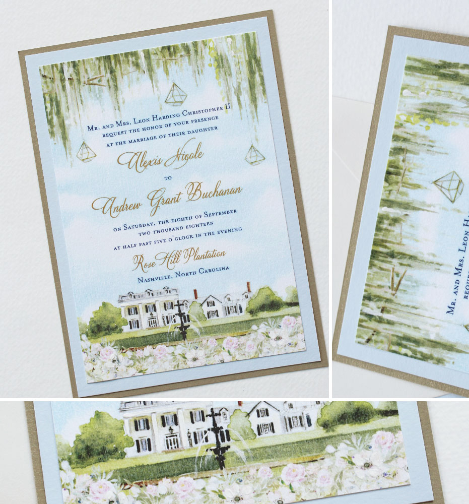 Watercolor Rose Hill Plantation Wedding Invitation