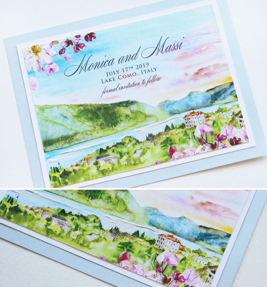 Watercolor Lake Como Landscape Wedding Stationery