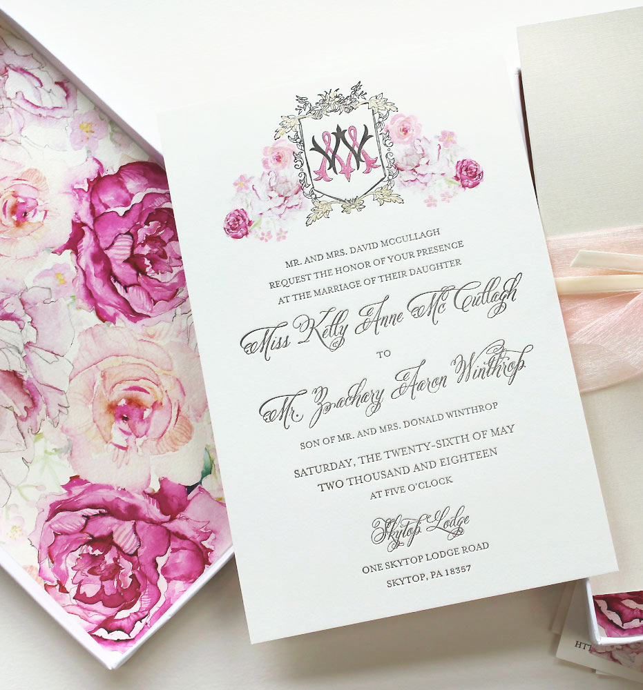 Watercolor Floral Monogram Wedding Invitation