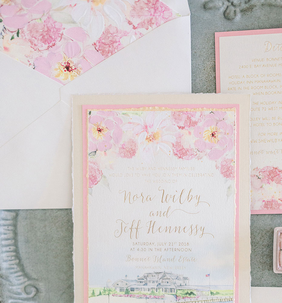Hand Painted Pink Floral Wedding Invitations