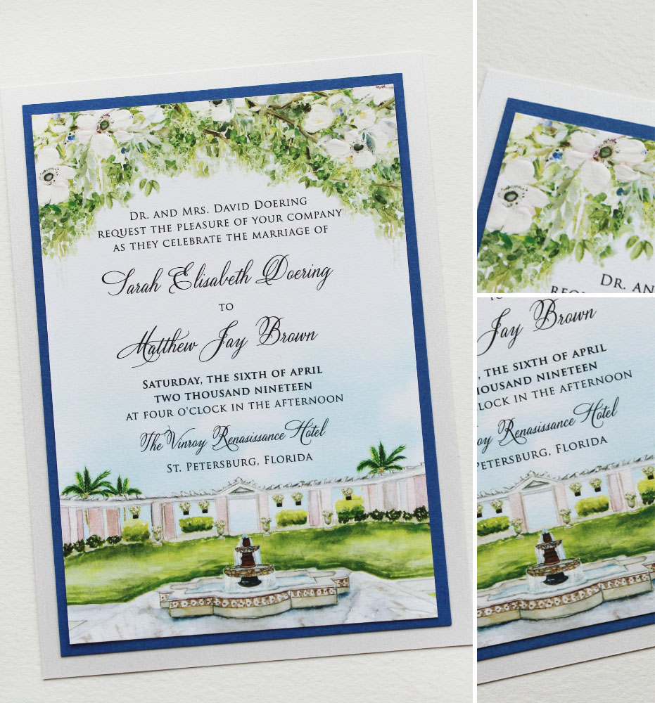 White Anemone Venue Illustration Wedding Invitation