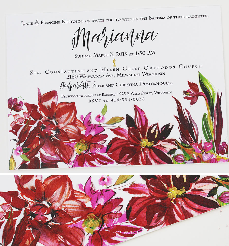 Red Watercolor Floral Baptism Invitations