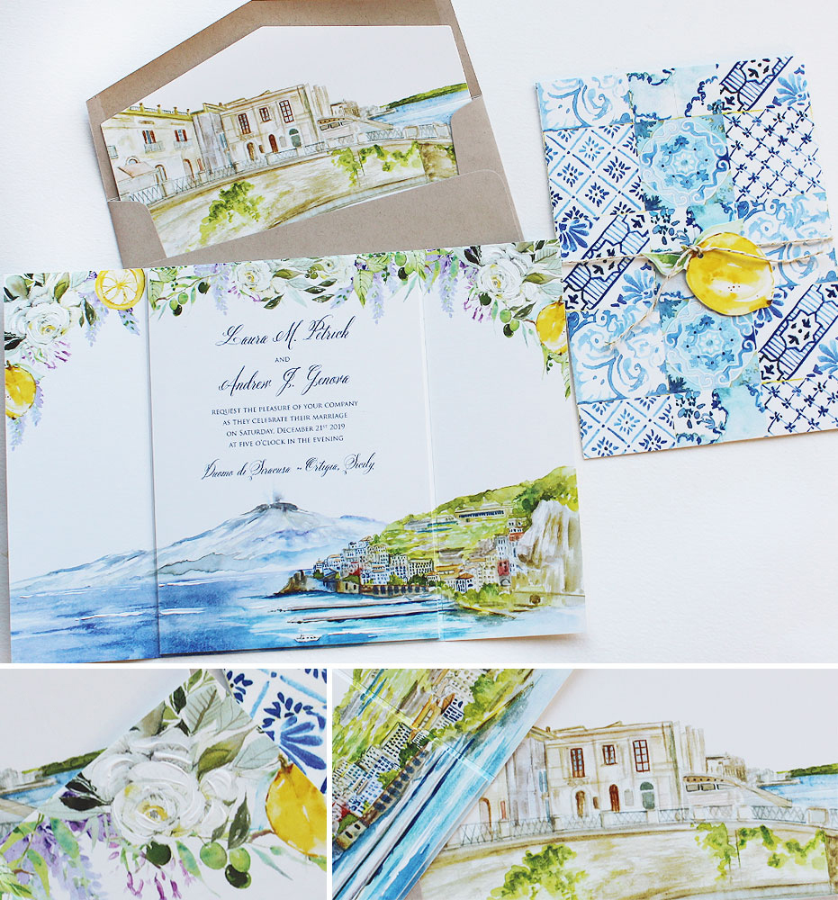 Watercolor Floral and Landscape Wedding Invitation