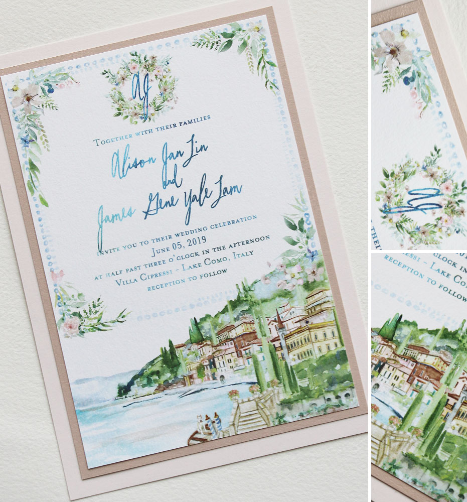 Watercolor Monogram Lake Como Wedding Invitations