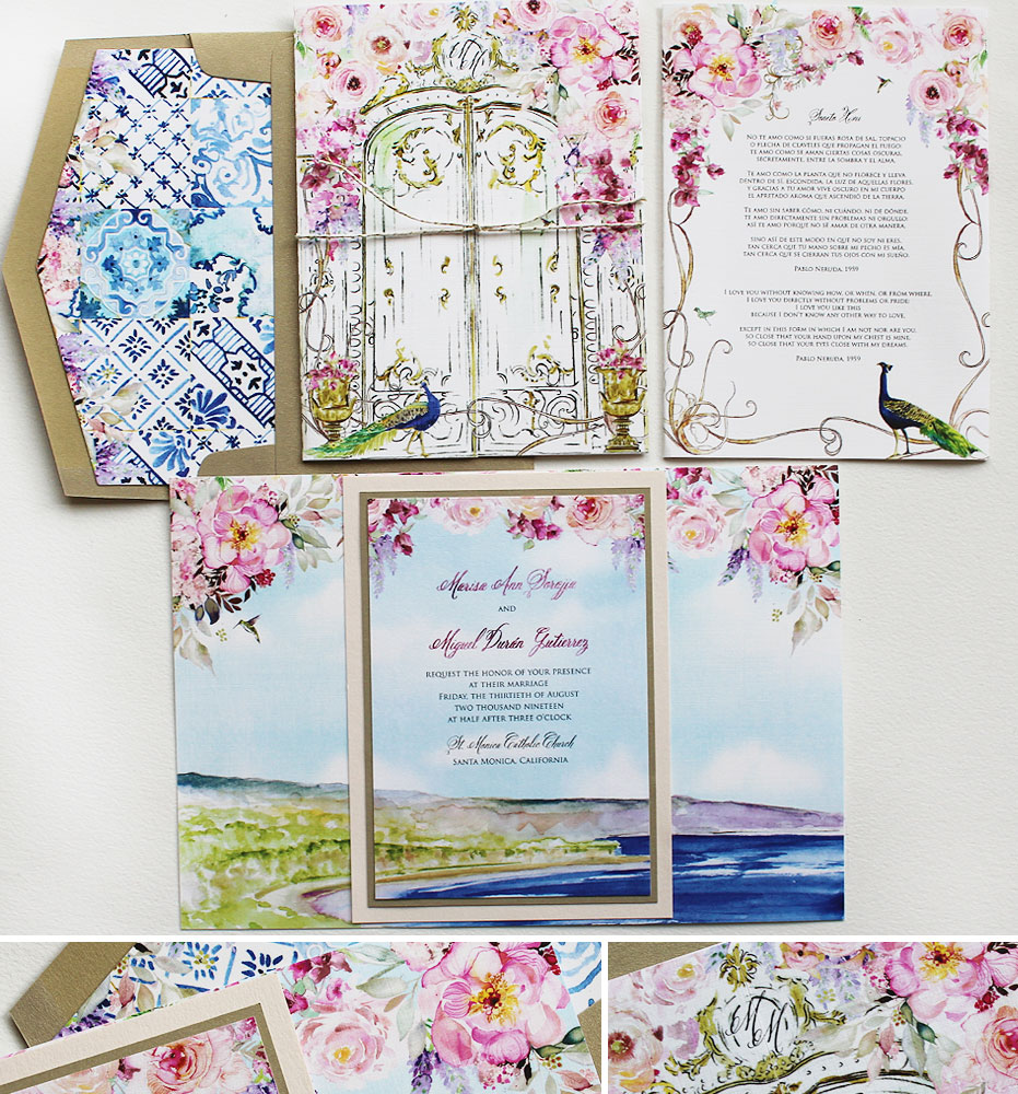 Watercolor Landscape and Floral Wedding Invitations