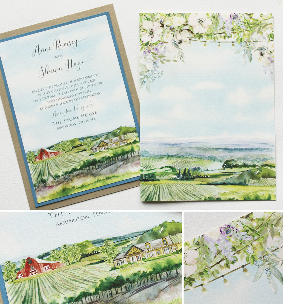 Watercolor Farm Landscape Wedding Invitations