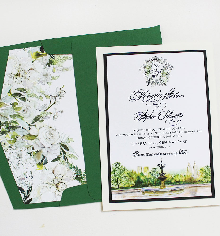 Floral Monogram and Landscape Wedding Invitations