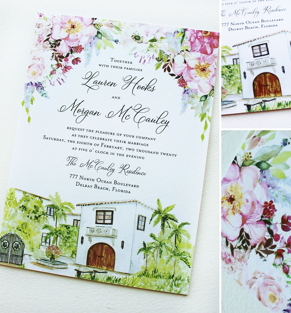Watercolor Floral and Venue Illustration Wedding Invitation