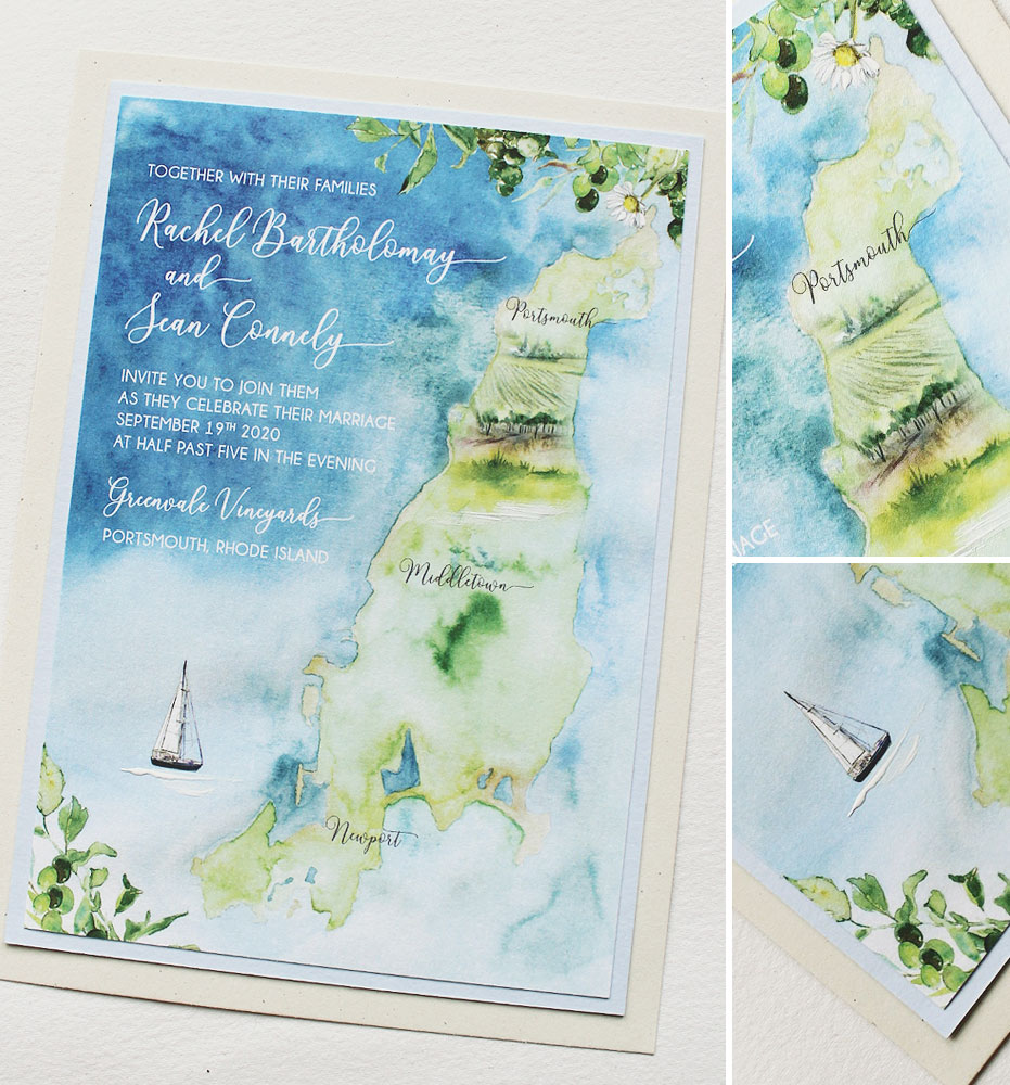 Rhode Island Watercolor Map Wedding Invitations