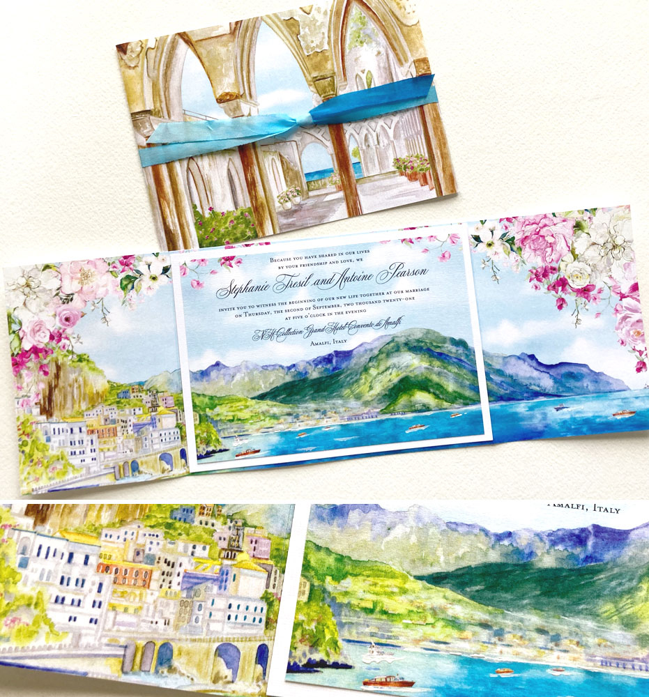 Watercolor Italy Grand Hotel Convento Amalfi Wedding Stationery