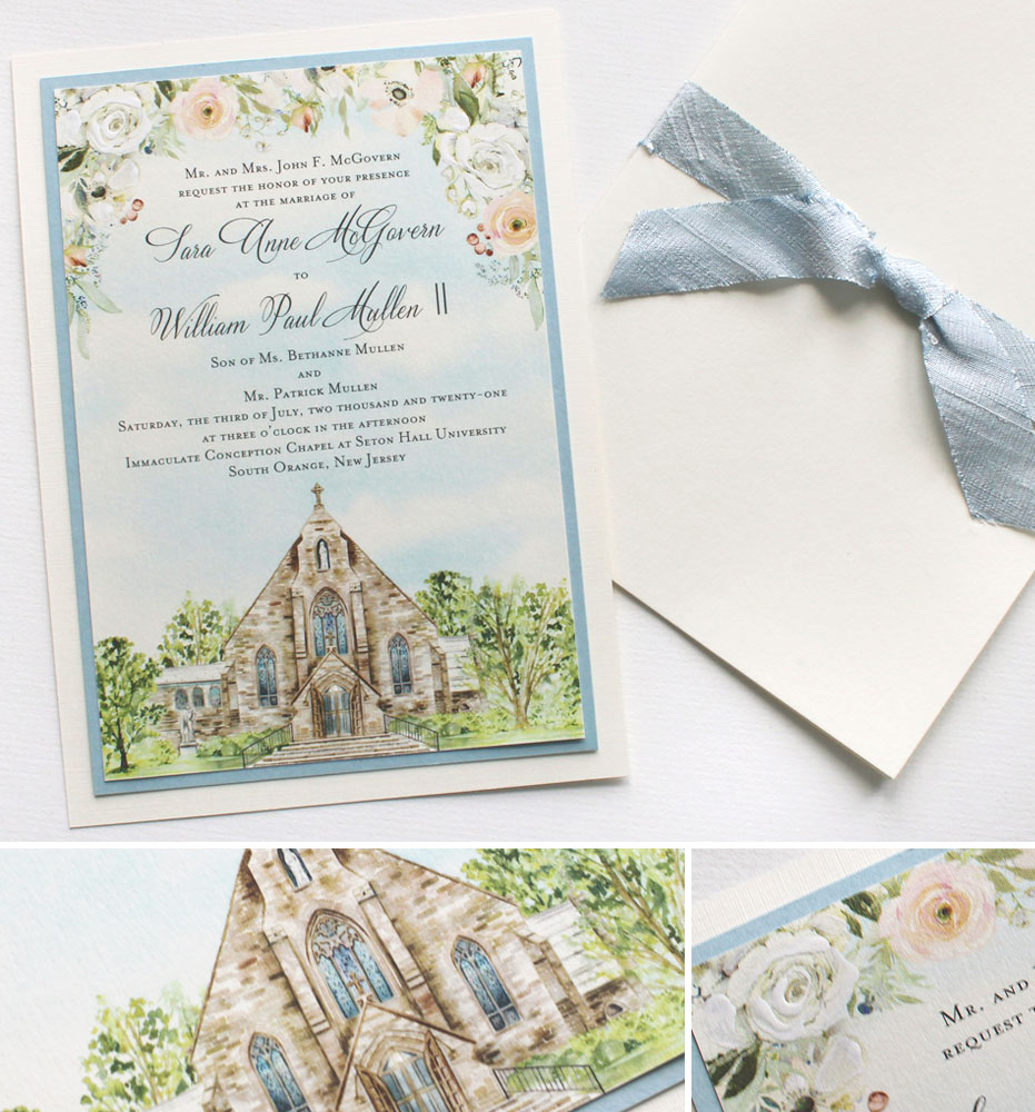 Custom Watercolor Church Illustration Wedding Invitations