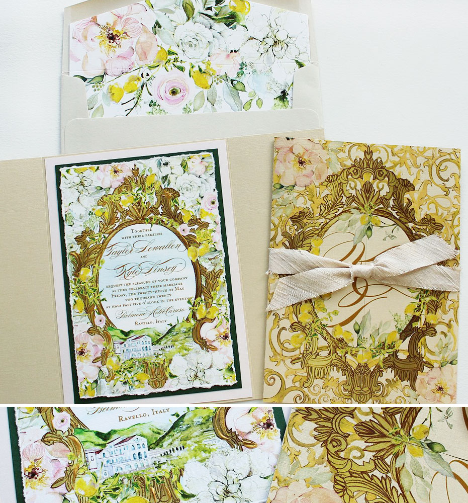 Hand Painted Gold Frame Wedding Invitations