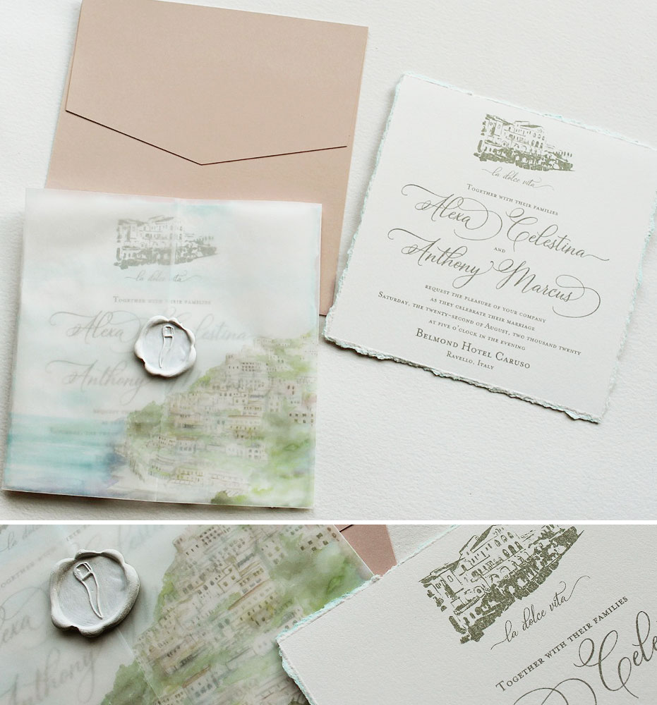 Soft Watercolor Belmond Hotel Caruso Wedding Invitations