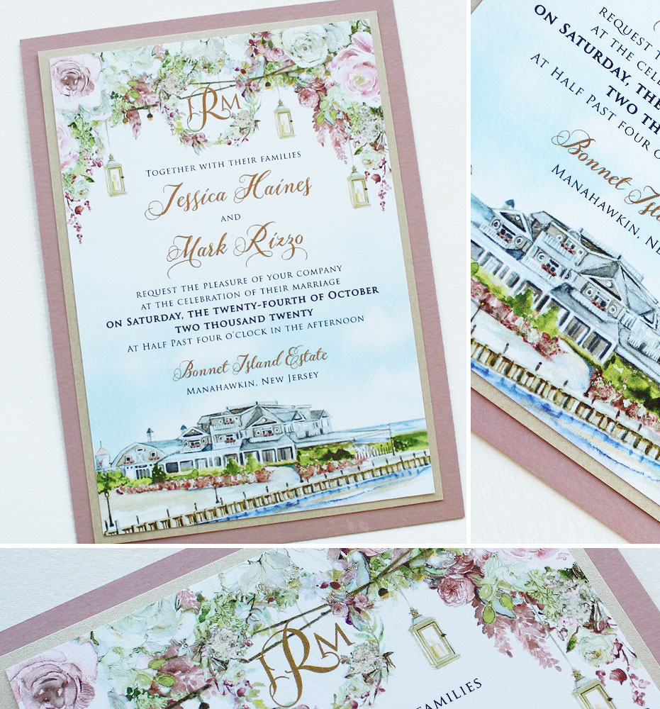 Watercolor Bonnet Island Estate Wedding Invitations