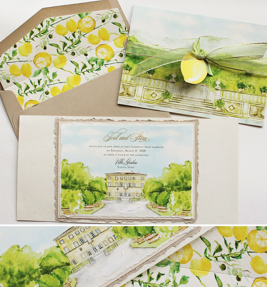 Watercolor Villa Grabau Venue Illustration Wedding Invitations
