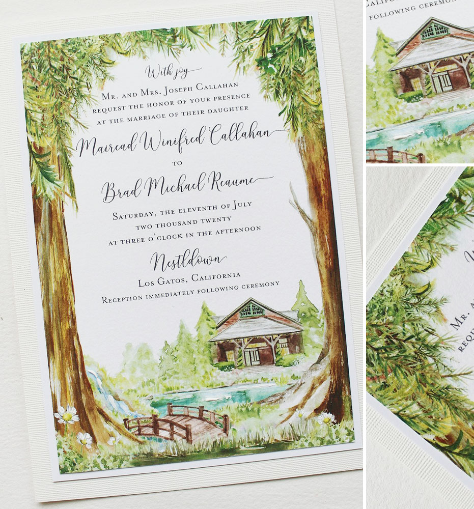 Watercolor Woodland Venue Wedding Invitations