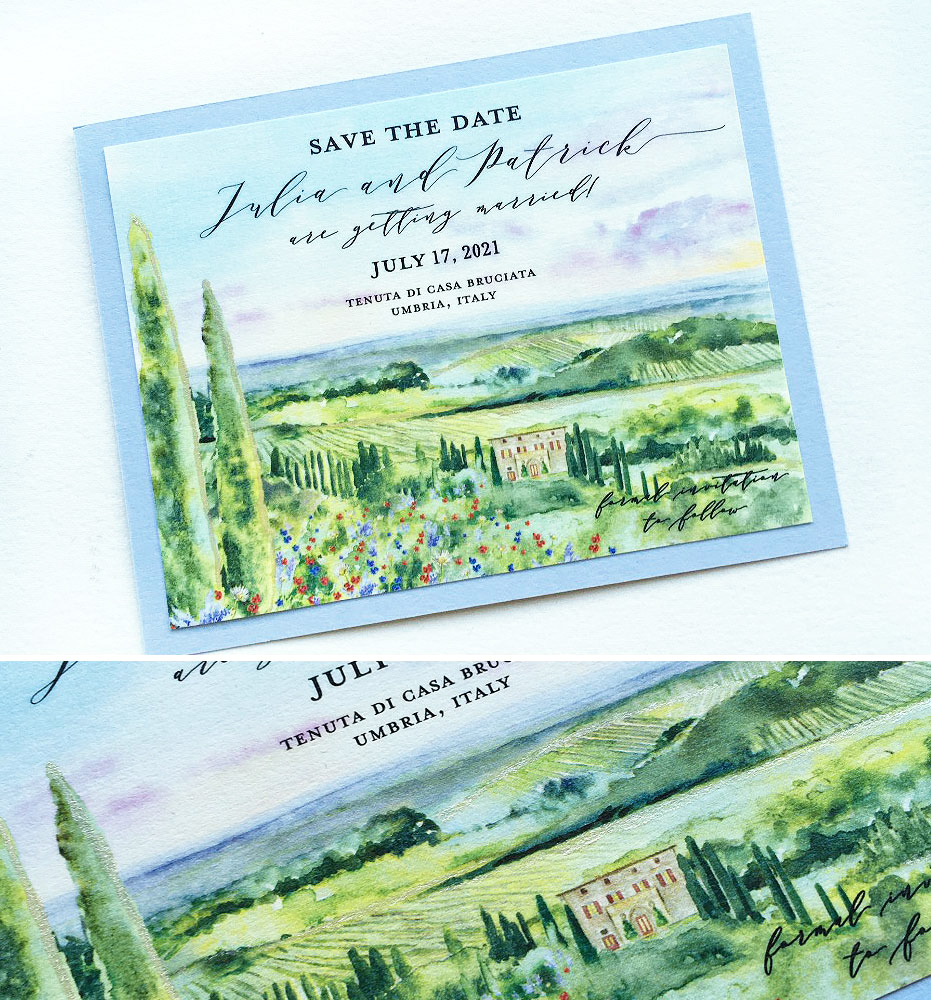 Umbria Italy Watercolor Wedding Save the Dates