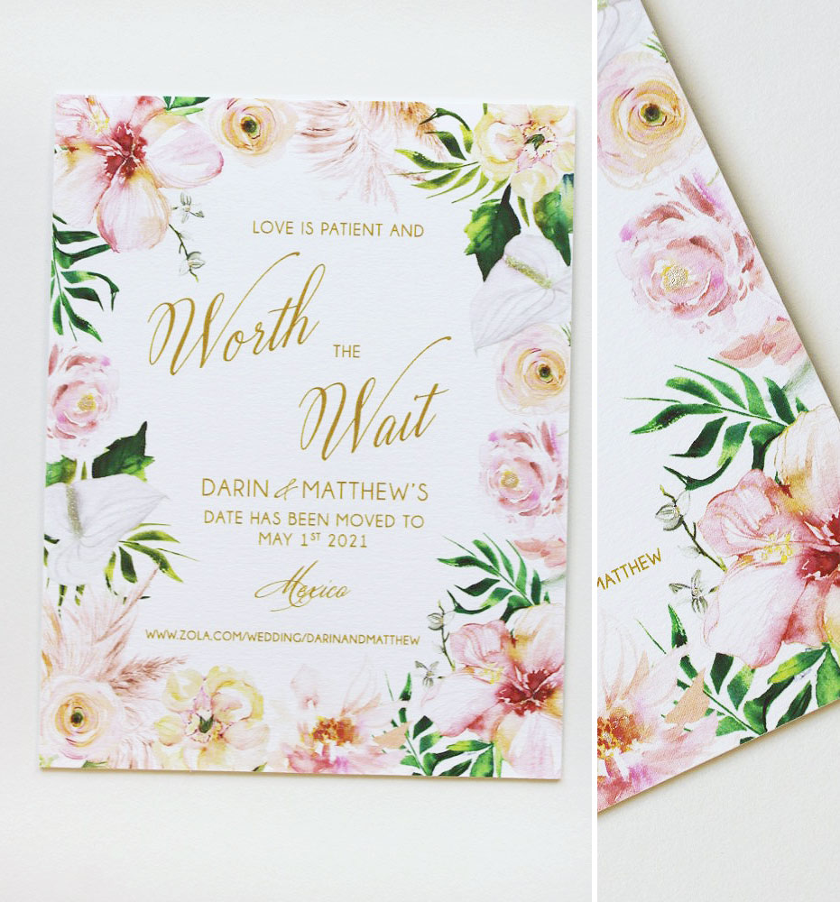 Tropical Floral Wedding Change the Date Card