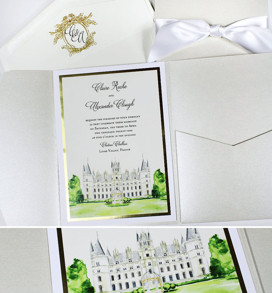 Watercolor Chateau Challain Wedding Invitations