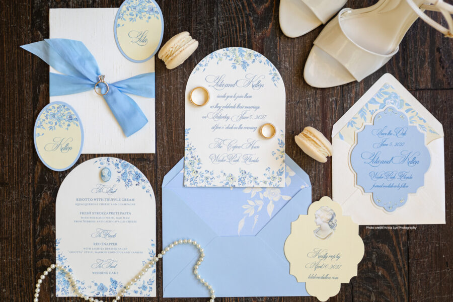 light blue and cream luxury floral hand painted wedding invitations