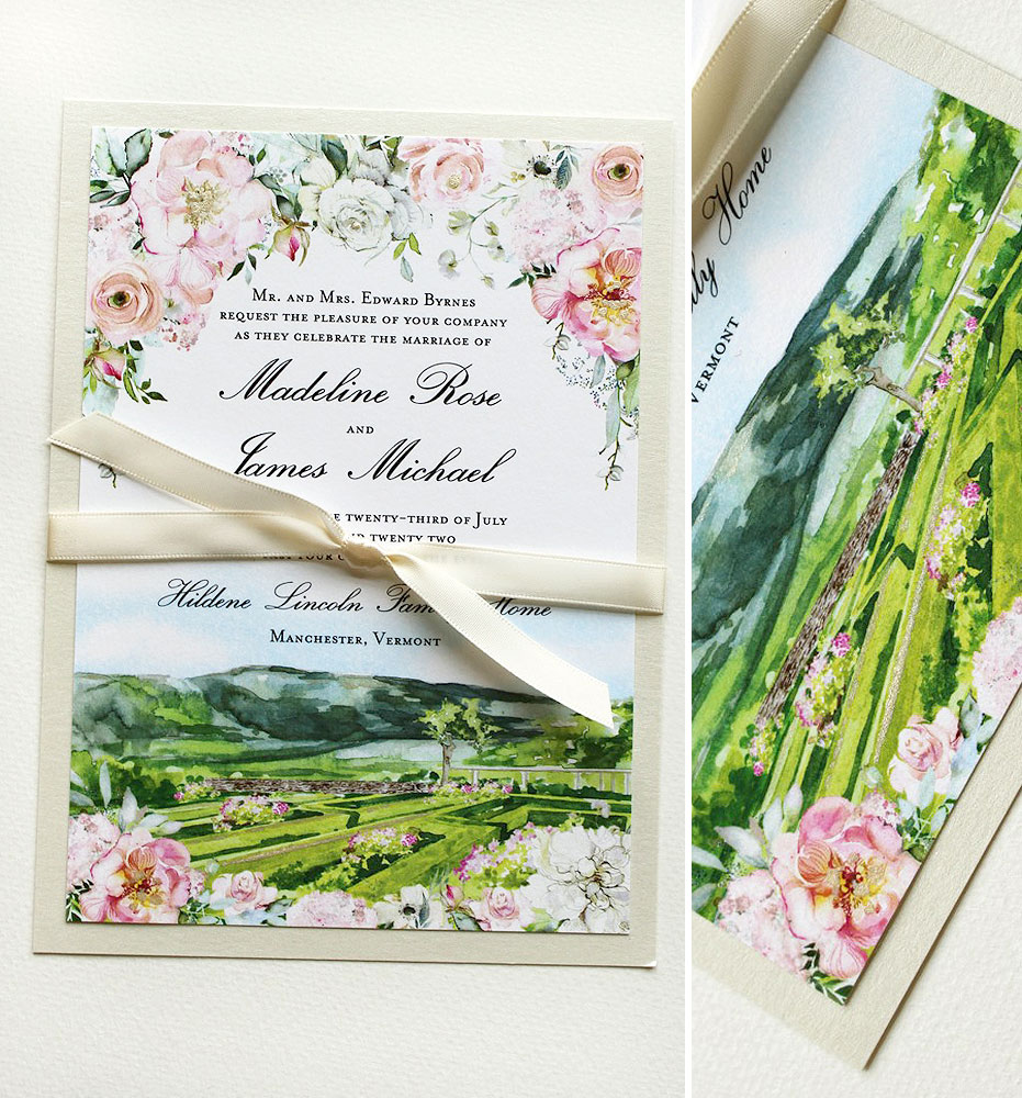 Landscape and Floral Vermont Wedding Invitations