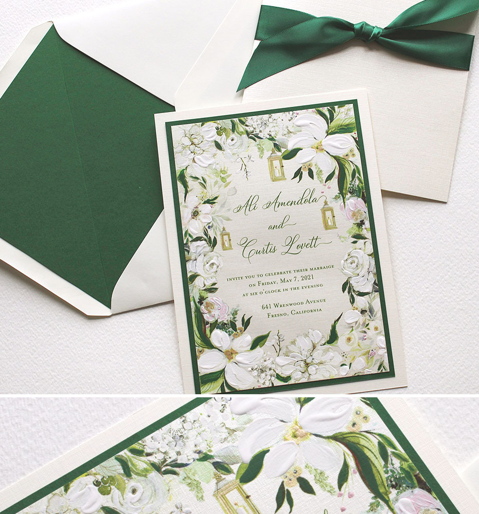 Hand Painted Green and White Floral Wedding Invitations